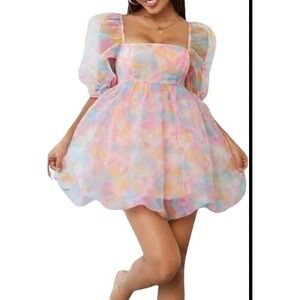 SHEIN Curve 3XL Pastel Tie Dye Puff Sleeve Organza Babydoll Mini Dress